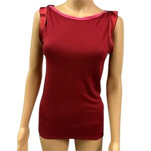 Tahari Boat Neck Multi Color Tee Satin Cap Sleeve Top Womens Small Burgundy